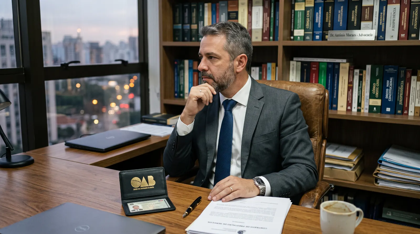 Advogado reflexivo, com o Provimento 205/2021 aberto ao lado